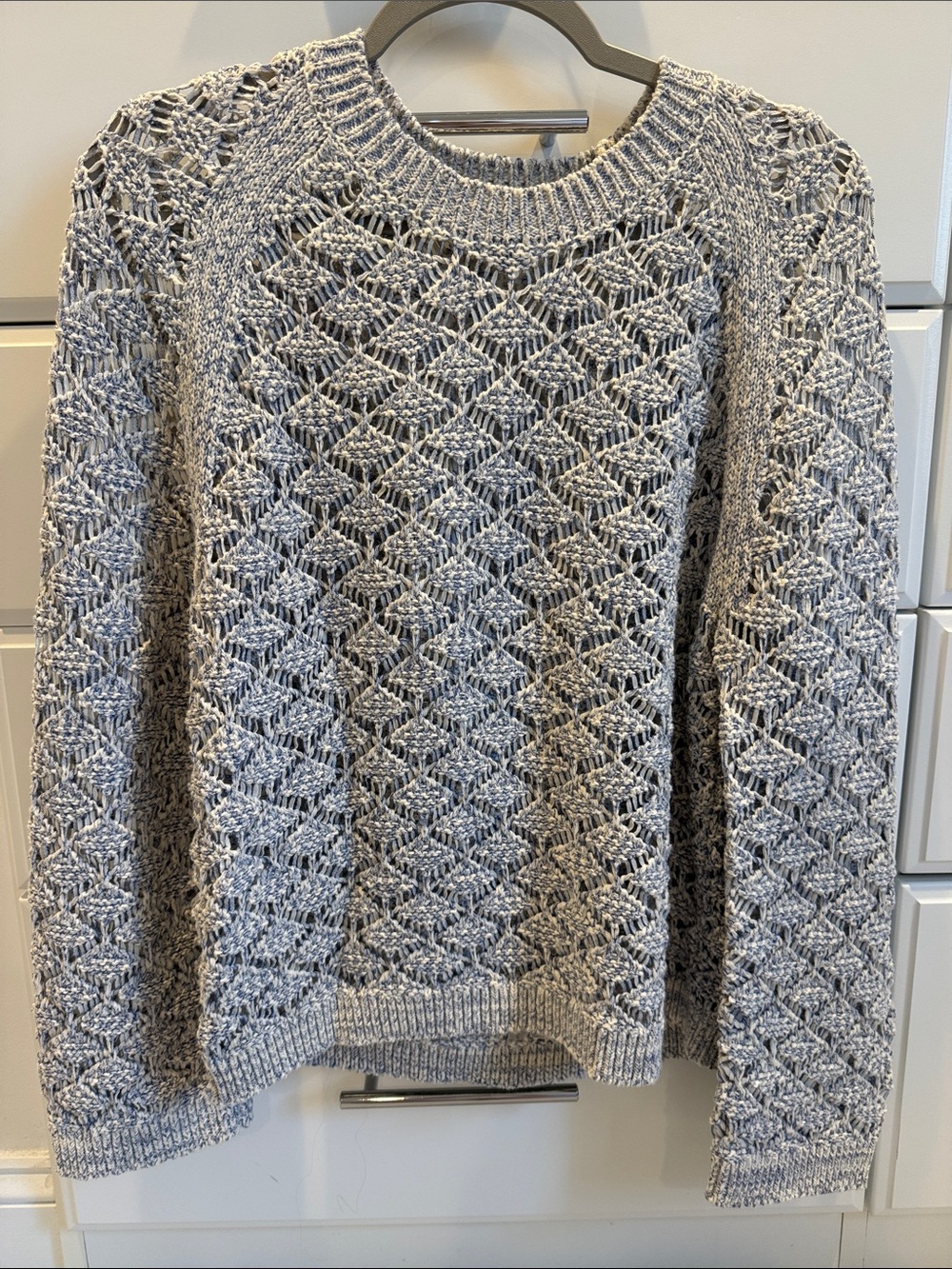 Woman’s Light Blue Open-Knit Crewneck Sweater Size Small